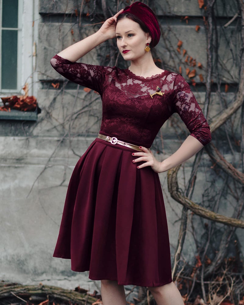 Miusol Women's Vintage Floral Lace 2/3 Sleeve Bridesmaid Party Dress, Wine, X-Large - Image 3